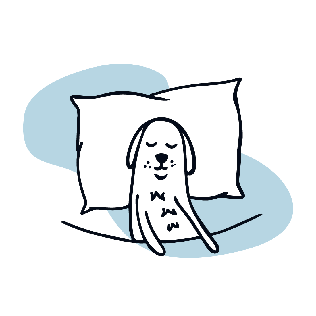 Icono de un perro caricaturizado durmiendo en una cama tranquilamente.